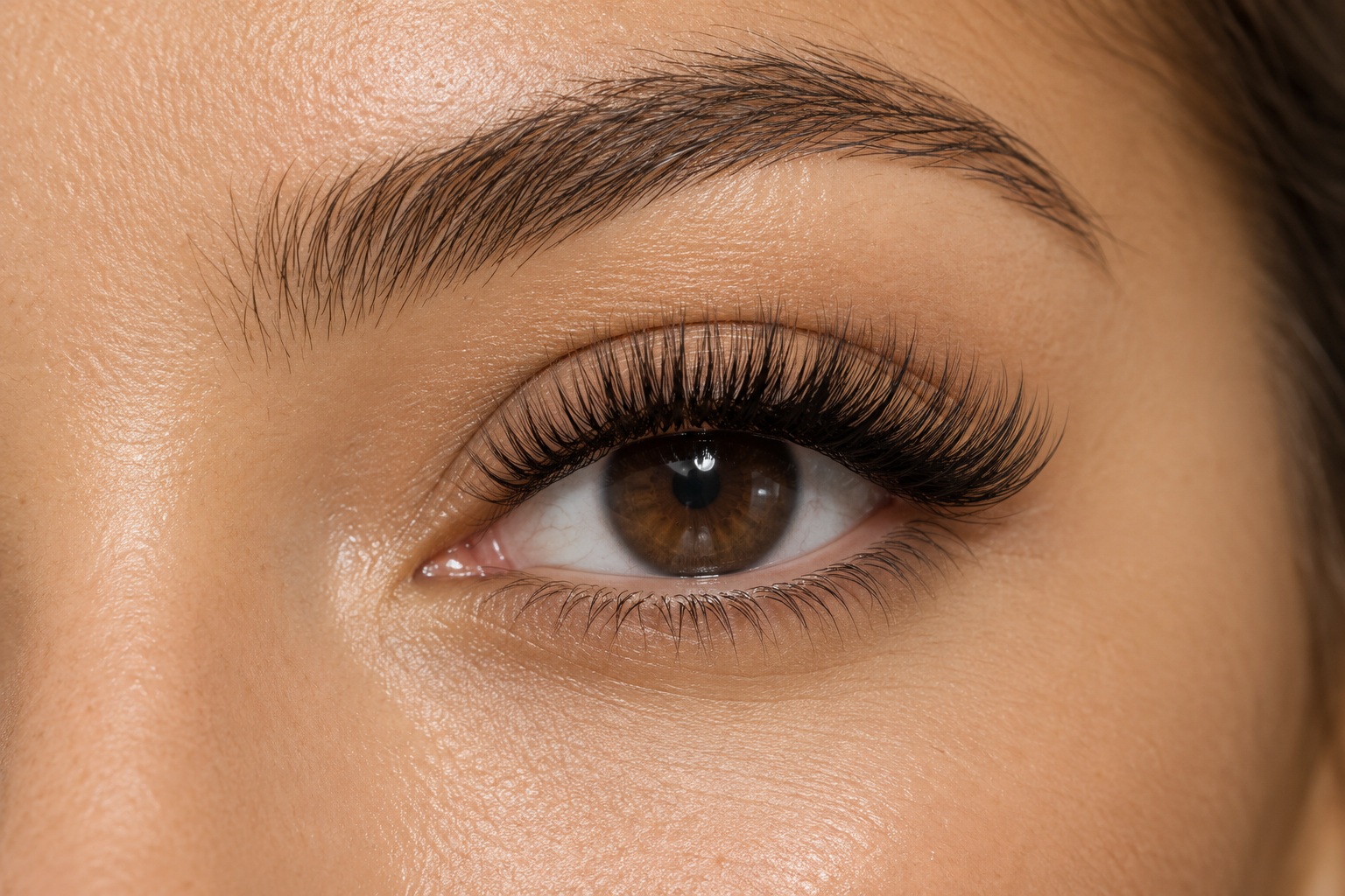 Close-up of an eye with beautifully fanned Russian volume lashes